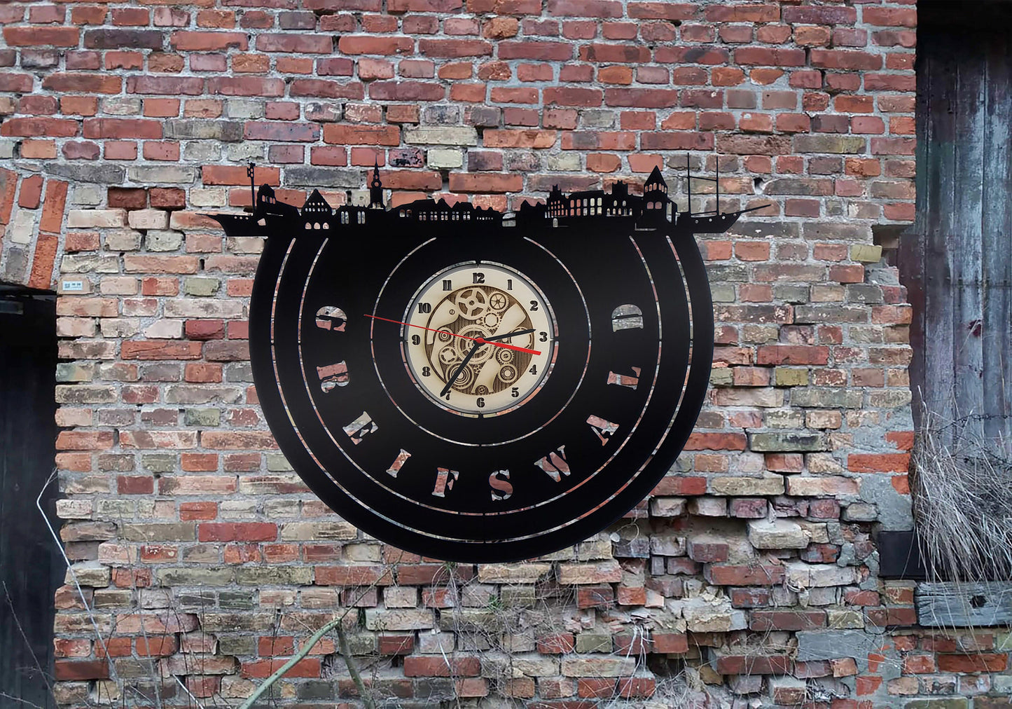 Greifswald Wanduhr Uhr Holzuhr Uhren Ziffernblatt Clock Holz Armbanduhr Skyline Silhouette Rostock Aufkleber