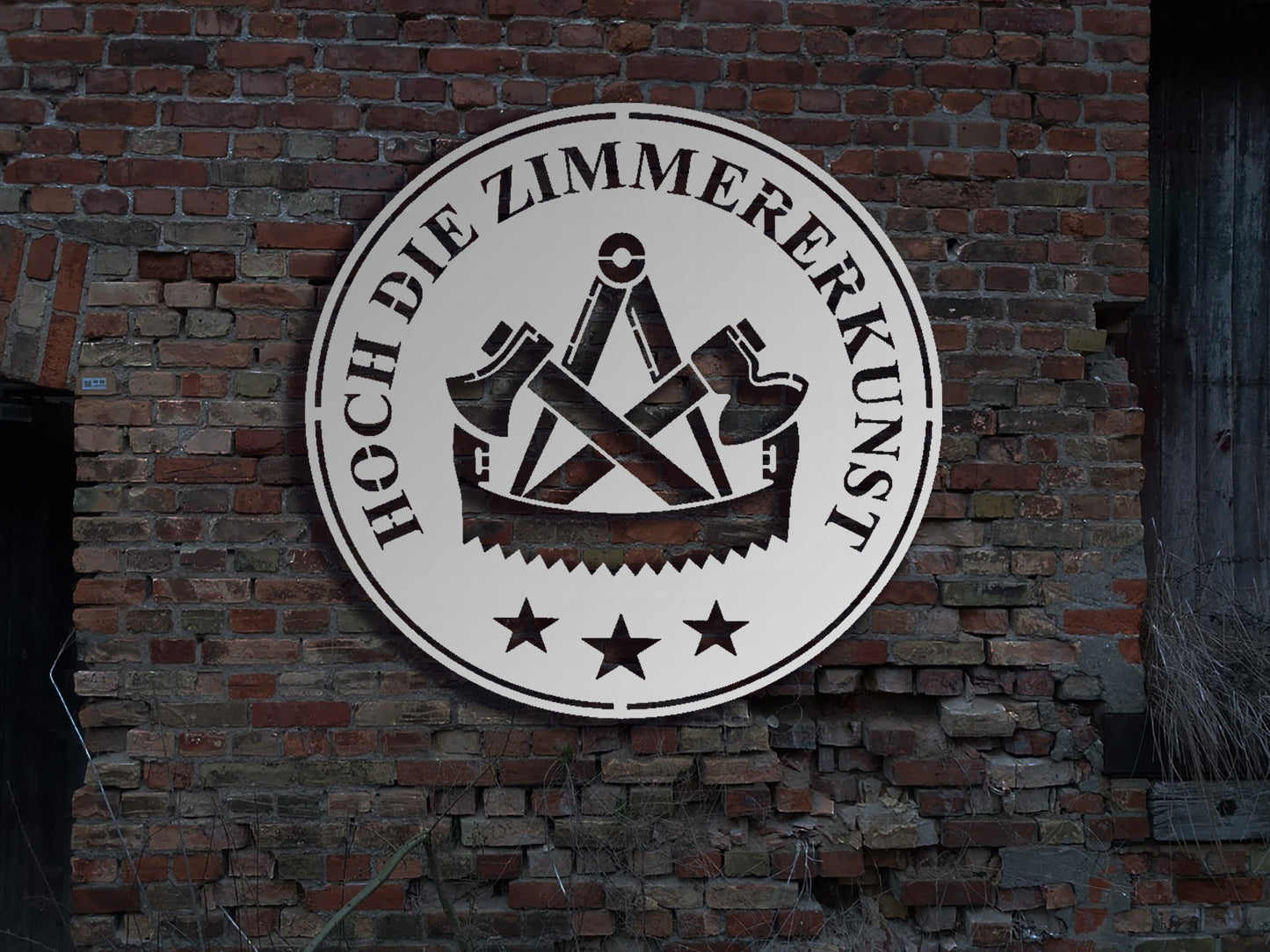Edelstahl Wandbild Zimmerer Kunst hoch die Zimmermann no Aufkleber Zunftzeichen Zunft Emblem Aufnäher Metall Stahl rostfrei Silhouette
