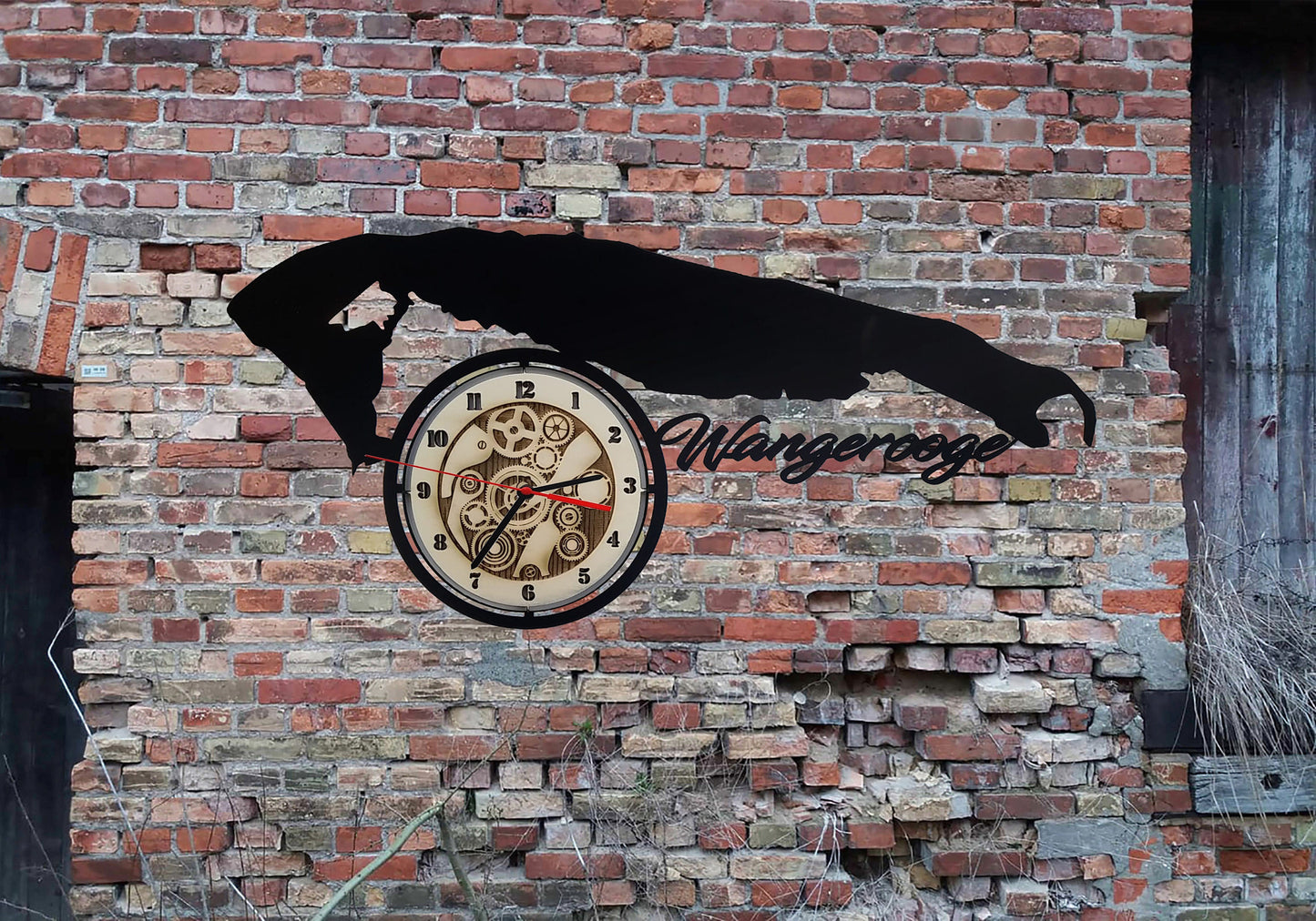 Wanduhr Uhr Holzuhr Uhren Ziffernblatt Skyline Wangerooge Nordsee Stadt Karte Map Wandsticker Leuchtbild Neonreklame Wandtattoo