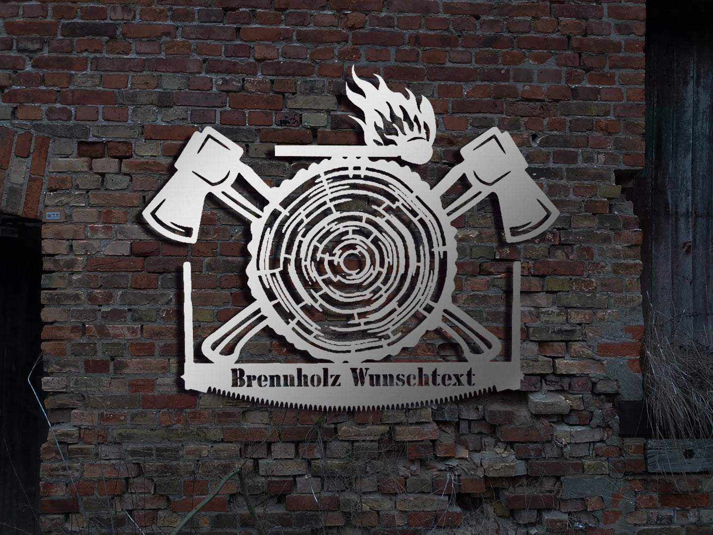 Edelstahl Wandbild Schild Brennholz Holzspalter Kettensäge Holzscheit Buche SRM Kaminholz sign Metallschild Stahlschild