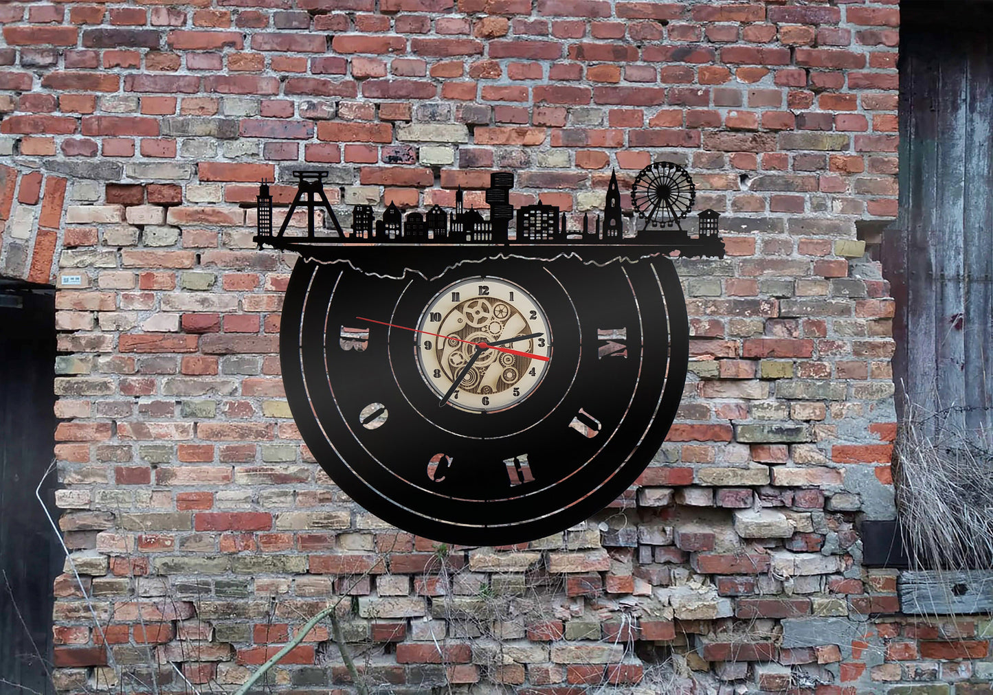 Uhr Wanduhr Bild Stadt Bochum Skyline Silhouette Kumpel Bergbau unter Tage