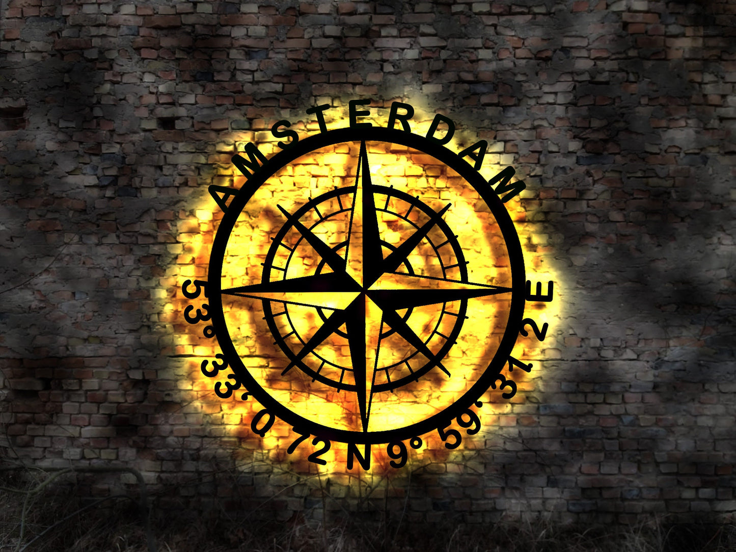 Amsterdam Kompass LED Wandbild Holz Stadt AK Karte Map Wandsticker Leuchtbild Neonreklame Wandtattoo Reiseführer Silhouette
