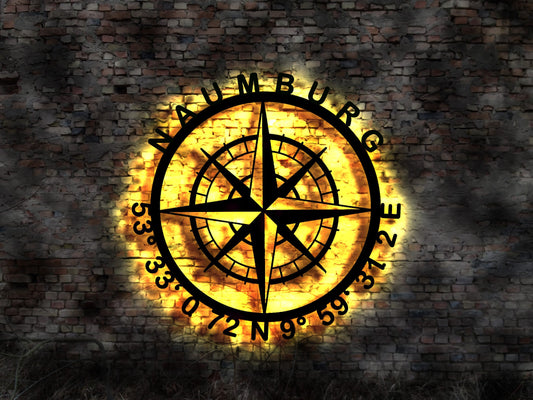 Naumburg  Kompass  LED Wandbild Holz Stadt AK Karte Map Wandsticker Leuchtbild Neonreklame Wandtattoo Reiseführer Silhouette