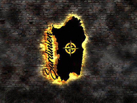 Skyline Insel Sardinien  LED Wandbild Holz Stadt  Karte Map Hotel  Wandsticker Leuchtbild Neonreklame Wandtattoo Reiseführer Silhouette