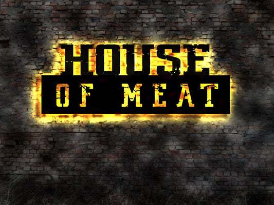 LED Wandbild House of Meat Fleisch Schlachter BBQ Grill Fleischer Schild Fleischerei Burger Geschäft Rind Steak