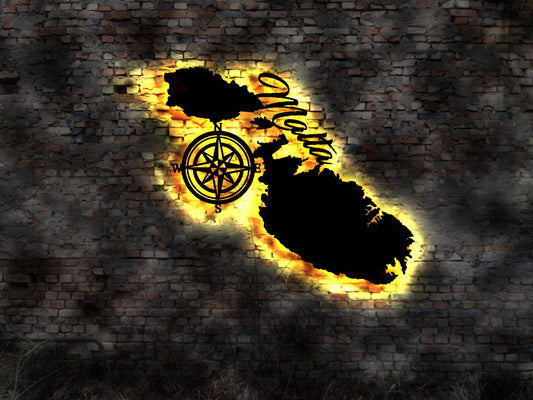 Skyline Malta Island LED Wandbild Holz Stadt AK Karte Map Wandsticker Leuchtbild Neonreklame Wandtattoo Reiseführer Silhouette