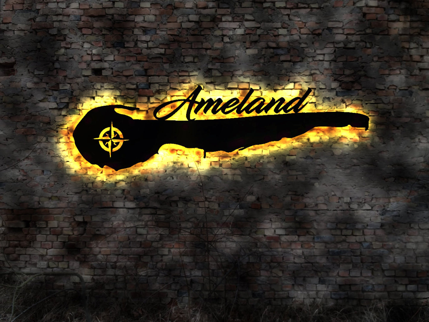 Skyline Insel Ameland  LED Wandbild Holz Stadt  Karte Map Stadtplan Wandsticker Leuchtbild Neonreklame Wandtattoo Reiseführer Silhouette