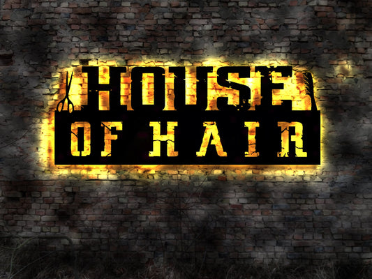 LED Wandbild House of hair Barber Friseur Salon Schild Werbung Firmenschild Firma Reklame Hair Einrichtung Deko Wandbild Bild Friseurin