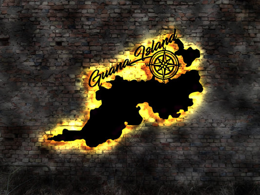 Skyline Guana Island  Urlaub  LED Wandbild Holz Stadt AK Karte Map Wandsticker Leuchtbild Neonreklame Wandtattoo Reiseführer Silhouette