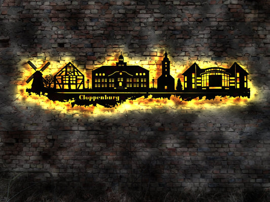 Skyline Cloppenburg Stadt   Wandbild Holz Stadt AK Karte Map Stadtplan Wandsticker Leuchtbild Neonreklame Wandtattoo Aufkleber Silhouette
