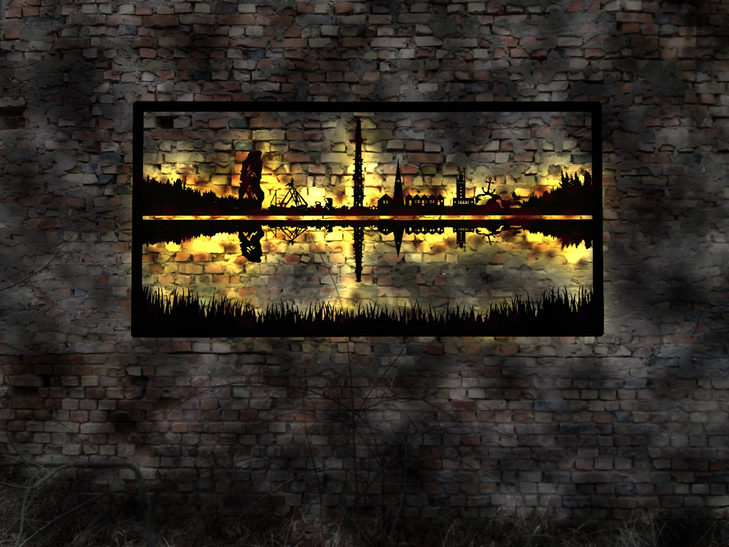 Helgoland Abendstimmung Skyline Insel Sonnenuntergang LED Wandbild Holz romantisches Geschenk Romaniker Wandtattoo Reiseführer Silhouette