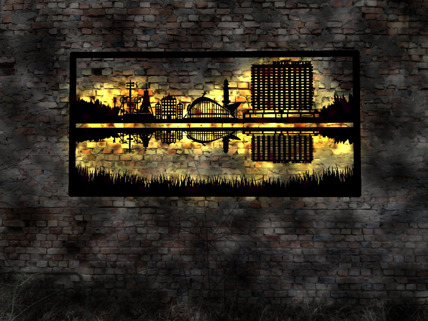Warnemünde Rostock Abendstimmung Skyline Insel Sonnenuntergang LED Wandbild Holz romantisches Geschenk Romaniker Silhouette