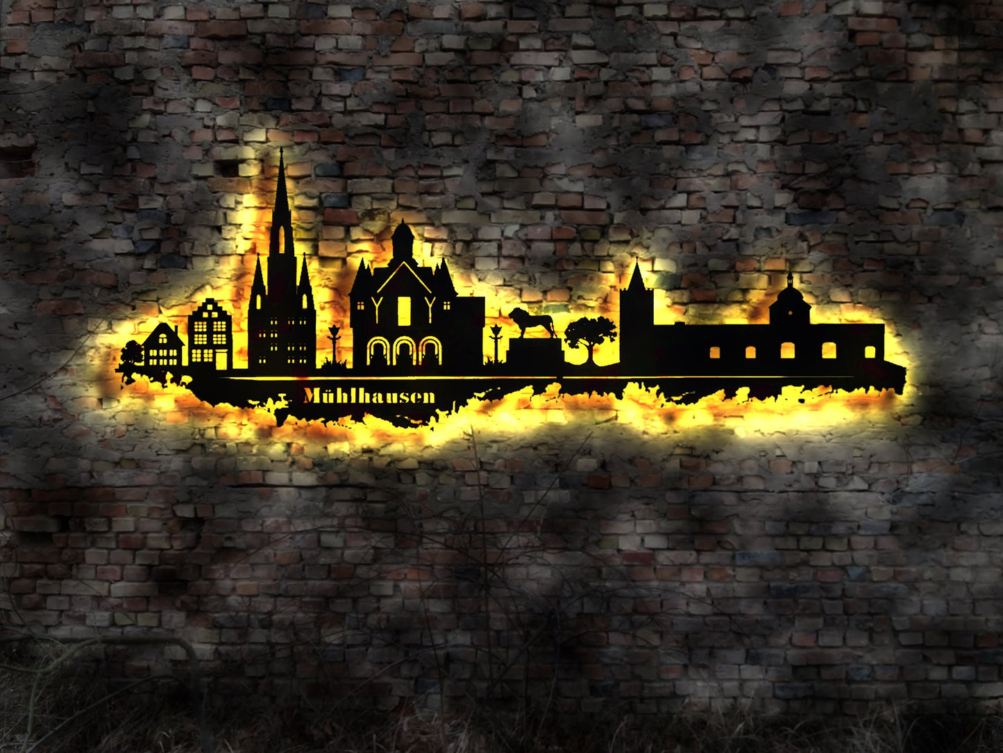 Skyline Stadt Mühlhausen Thüringen   Wandbild Holz Karte Map Stadtplan Wandsticker Leuchtbild Neonreklame Wandtattoo Aufkleber Silhouette