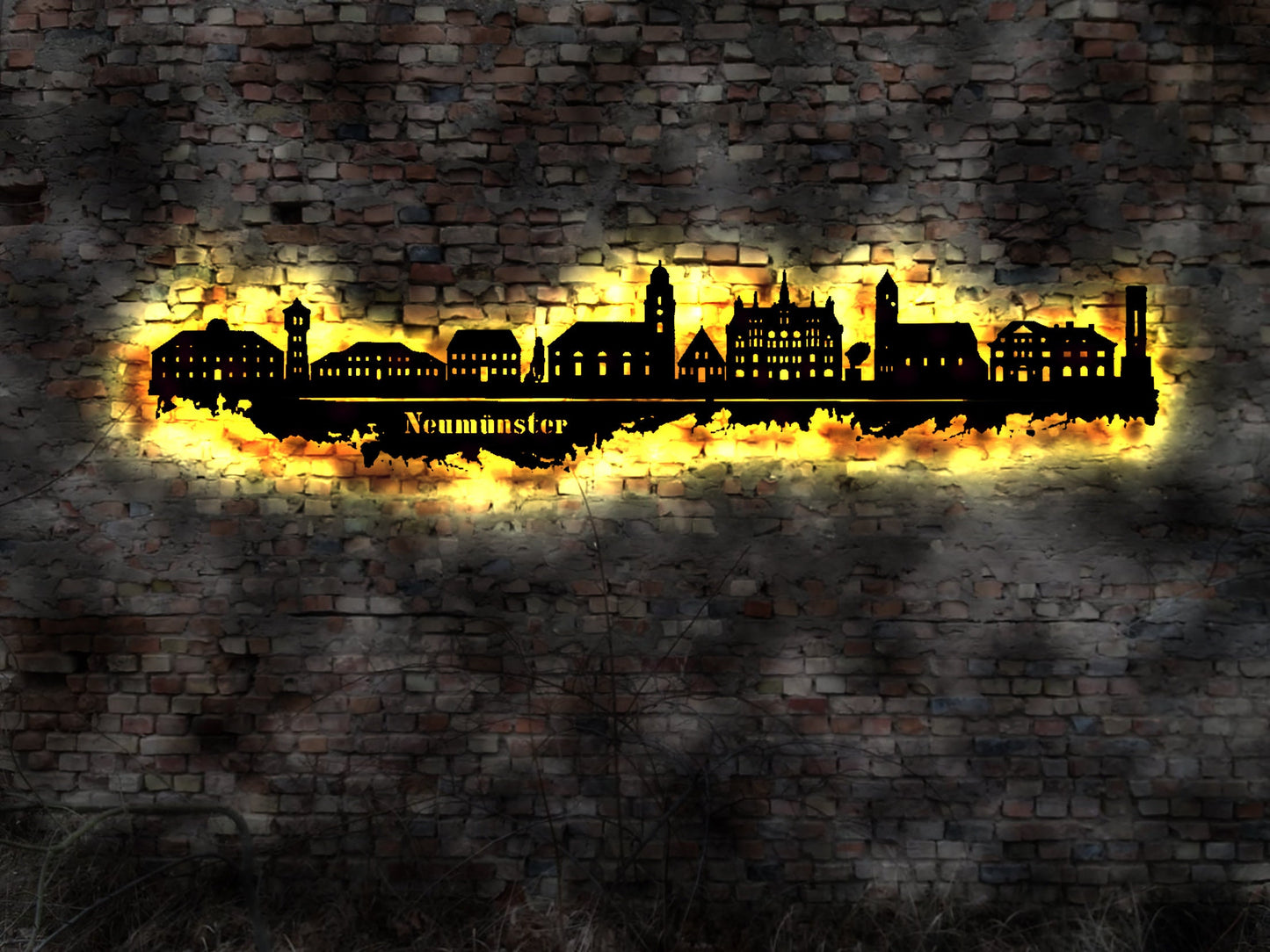 Skyline Neumünster LED Wandbild Holz Stadt AK Karte Map Stadtplan Wandsticker Leuchtbild Neonreklame Wandtattoo Reiseführer Silhouette