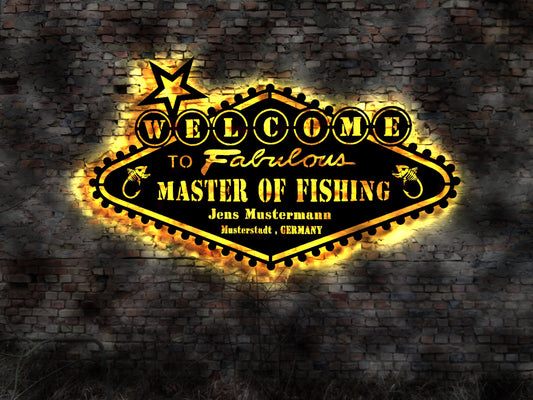 LED Wandbild LED Wandbild Leuchtschild Angler Verein Fishing Angelroute Kescher Angelhaken Hechtangeln  Drilling Buch Wattwürmer Angelverein