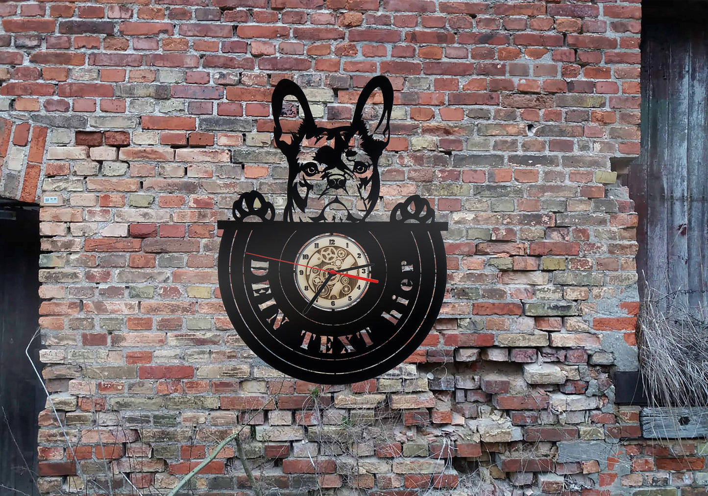 Französische Bulldogge Wanduhr Uhr Holzuhr Uhren Ziffernblatt Clock Holz Armbanduhr Hundezucht Bild Dog Hund sign sticker Welpen Welpe