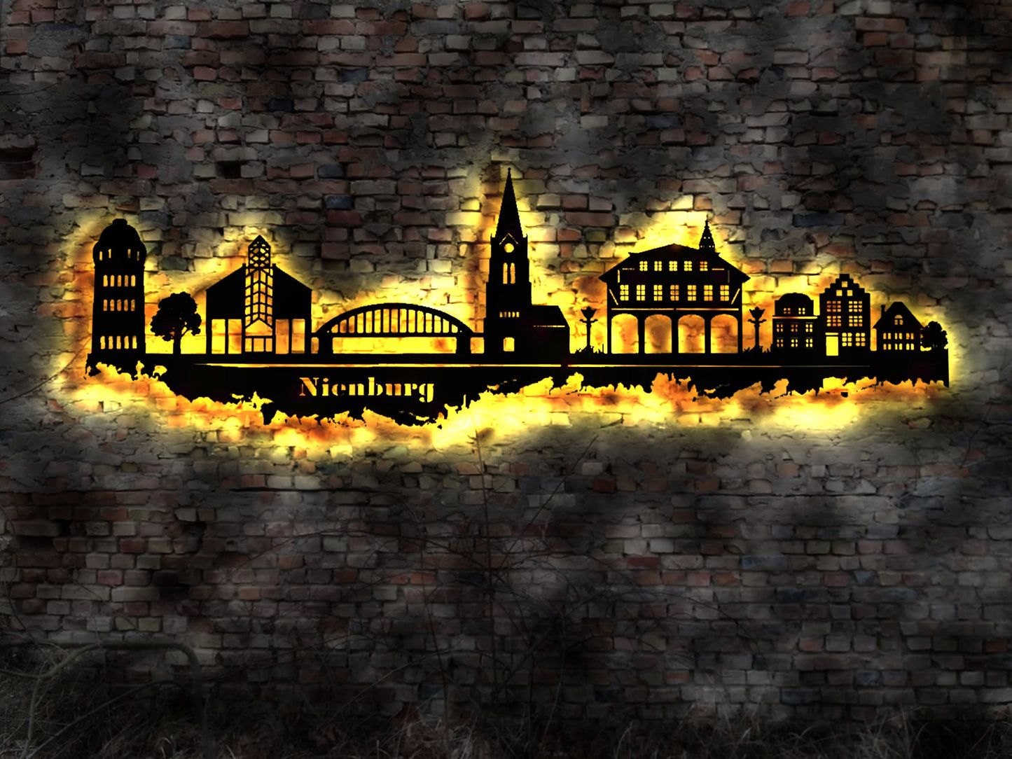 Skyline Stadt Nienburg / Weser Wandbild Holz Stadt AK Karte Map Stadtplan Wandsticker Leuchtbild Neonreklame Wandtattoo Aufkleber Silhouette