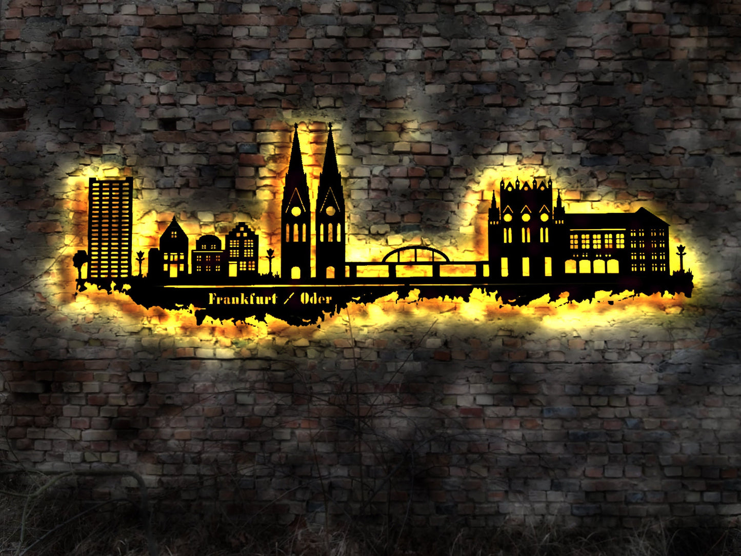 Skyline Frankfurt Oder   LED Wandbild   Holz Stadt AK Karte Map Stadtplan Wandsticker Bild Wandtattoo Reiseführer Silhouette