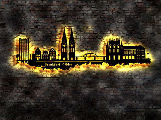 Skyline Frankfurt Oder   LED Wandbild   Holz Stadt AK Karte Map Stadtplan Wandsticker Bild Wandtattoo Reiseführer Silhouette