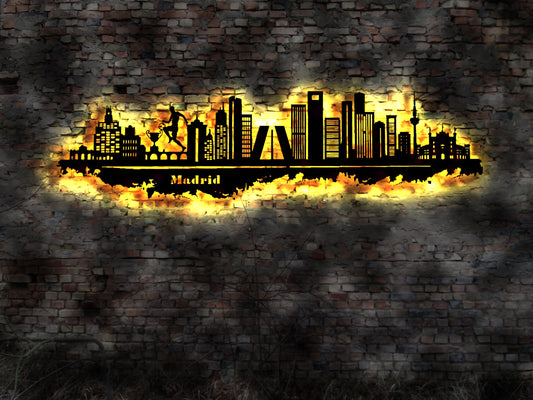 Skyline Madrid Spain Spanien Hauptstadt  Wandbild Holz Stadt AK Karte Map Stadtplan Wandsticker Leuchtbild Neonreklame Wandtattoo Silhouette