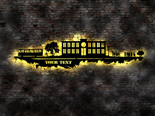 Skyline LED Wandbild Holz Schule Schüler Lehrer Unterricht Prüfung Realschule Abitur Lehrmittel Schulbus Bild