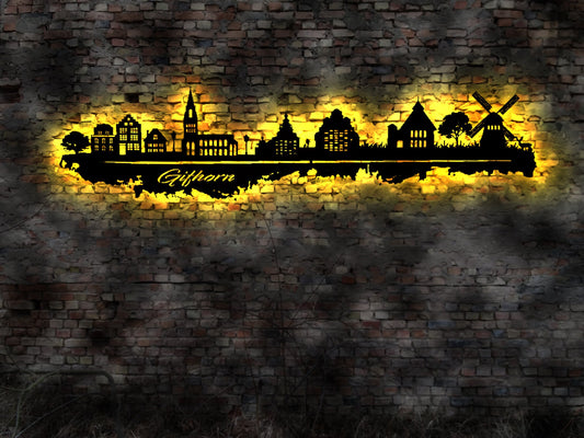 LED Skyline Gifhorn  Wandbild Holz Stadt  Karte Map Stadtplan Marktplatz Rathaus Windmühle Wandtattoo Reiseführer Silhouette