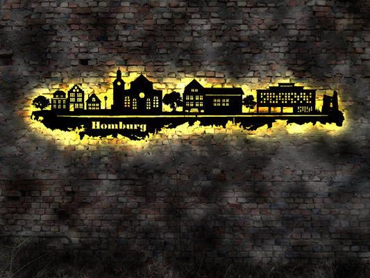 LED Skyline Homburg  Wandbild Holz Stadt  Karte Map Stadtplan Marktplatz Rathaus Windmühle Wandtattoo Reiseführer Silhouette
