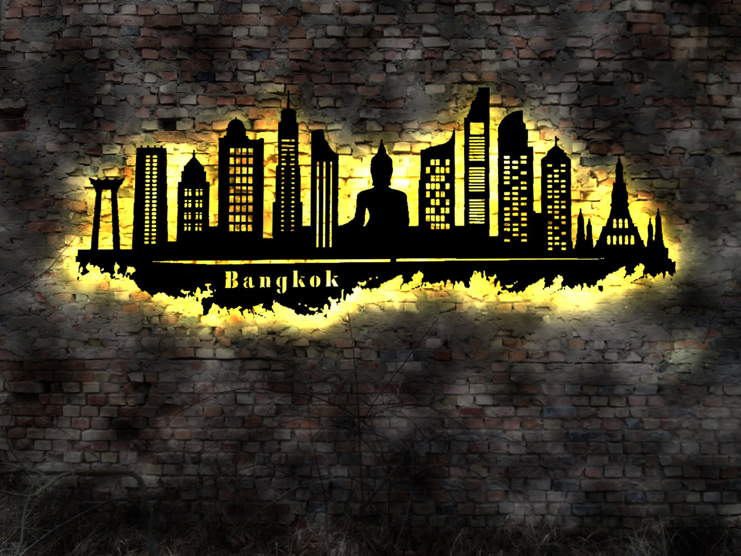 Skyline Bangkok LED Wandbild Holz Stadt AK Karte Map Stadtplan Wandsticker Leuchtbild Neonreklame Wandtattoo Reiseführer Silhouette