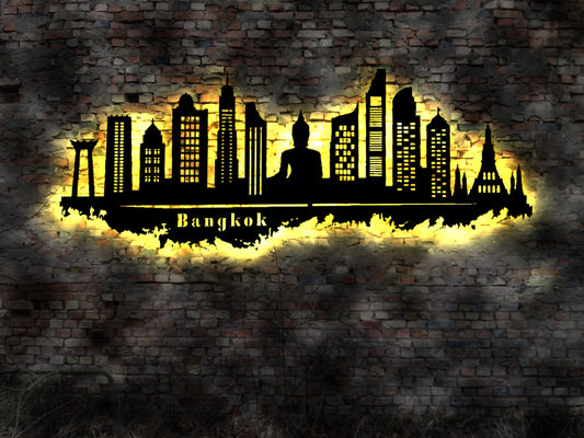 Skyline Bangkok LED Wandbild Holz Stadt AK Karte Map Stadtplan Wandsticker Leuchtbild Neonreklame Wandtattoo Reiseführer Silhouette