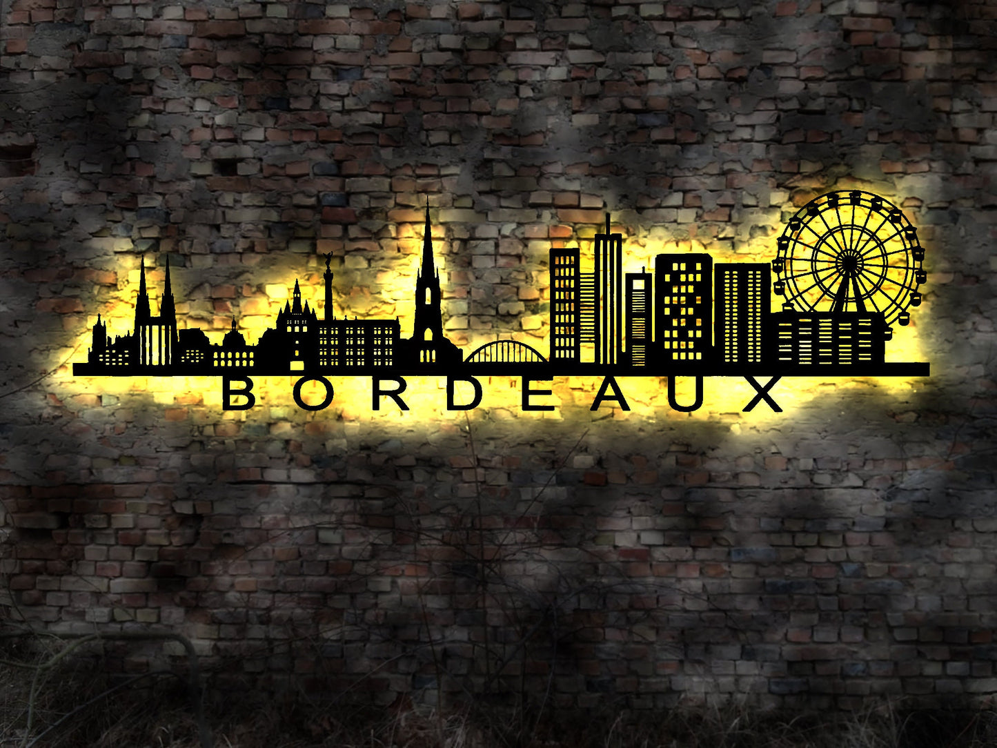 Skyline Bordeaux  France Frankreich LED Wandbild Holz Stadt AK Karte Map Stadtplan Wandsticker Leuchtbild Neonreklame Wandtattoo