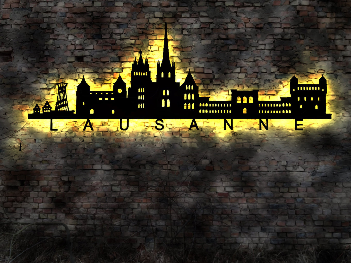 Skyline Lausanne Swiss Schweiz  LED Wandbild   Holz Stadt AK Karte Map Stadtplan Wandsticker Leuchtbild Wandtattoo Reiseführer Silhouette
