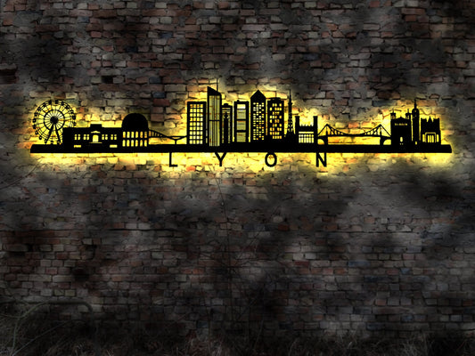 Skyline Lyon France Frankreich  LED Wandbild Holz Stadt AK Karte Map Stadtplan Wandsticker Leuchtbild Neonreklame Wandtattoo Silhouette
