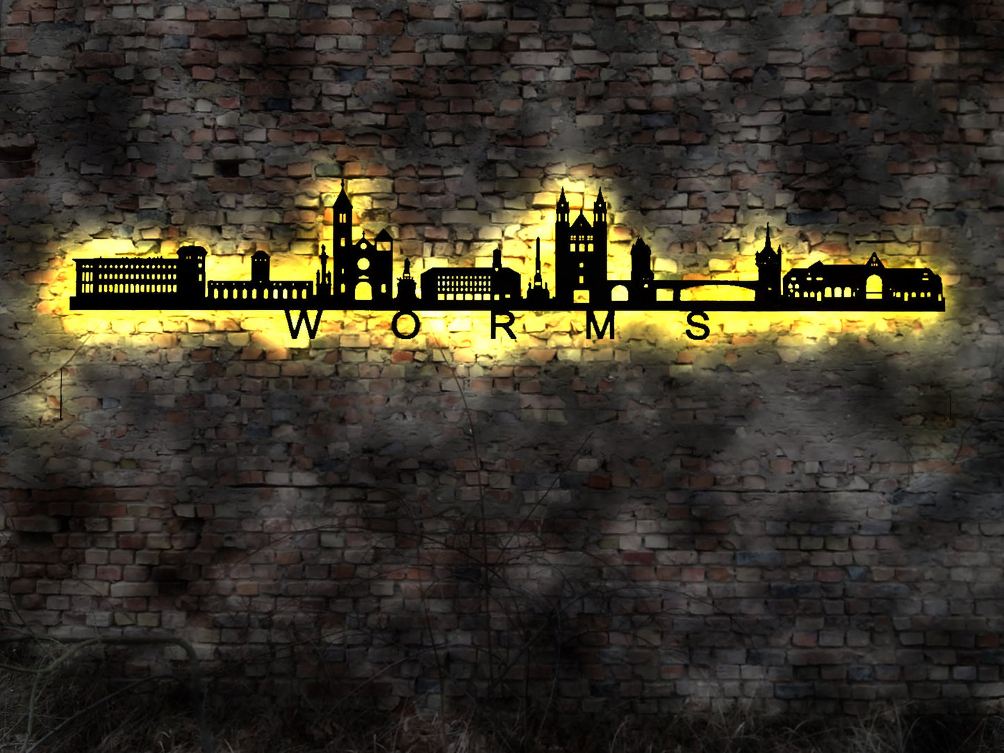 Skyline Worms LED Wandbild Holz Stadt AK Karte Map Stadtplan Wandsticker Leuchtbild Wandtattoo Reiseführer Silhouette Haus Wohnung