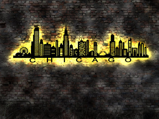 Skyline Chicago LED Wandbild   Holz Stadt AK Karte Map Stadtplan Wandsticker Leuchtbild Neonreklame Wandtattoo Reiseführer Silhouette