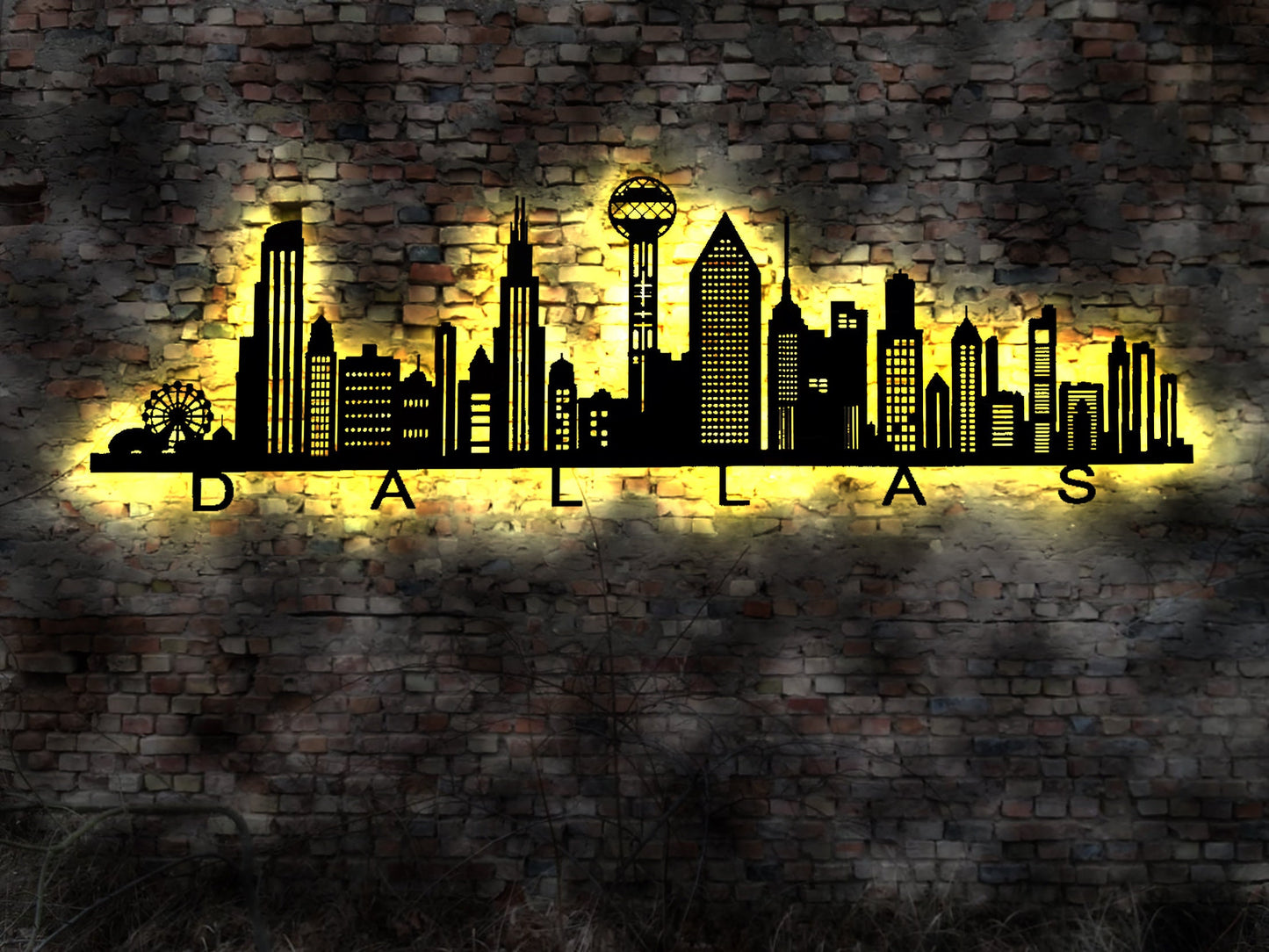 Skyline Dallas USA  LED Wandbild   Holz Stadt AK Karte Map Stadtplan Wandsticker Leuchtbild Neonreklame Wandtattoo Reiseführer Silhouette