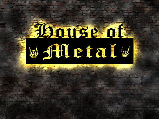 LED Schild House of Metal Metall Logo Heavy Musik Sammlung Metalfan Fan Geschenk gloves patches Guitar