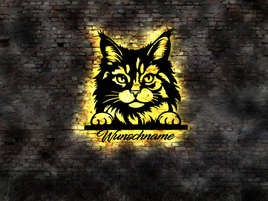 Maine-Coon-Katze LED Wandbild aus Holz Maine Coon Katze