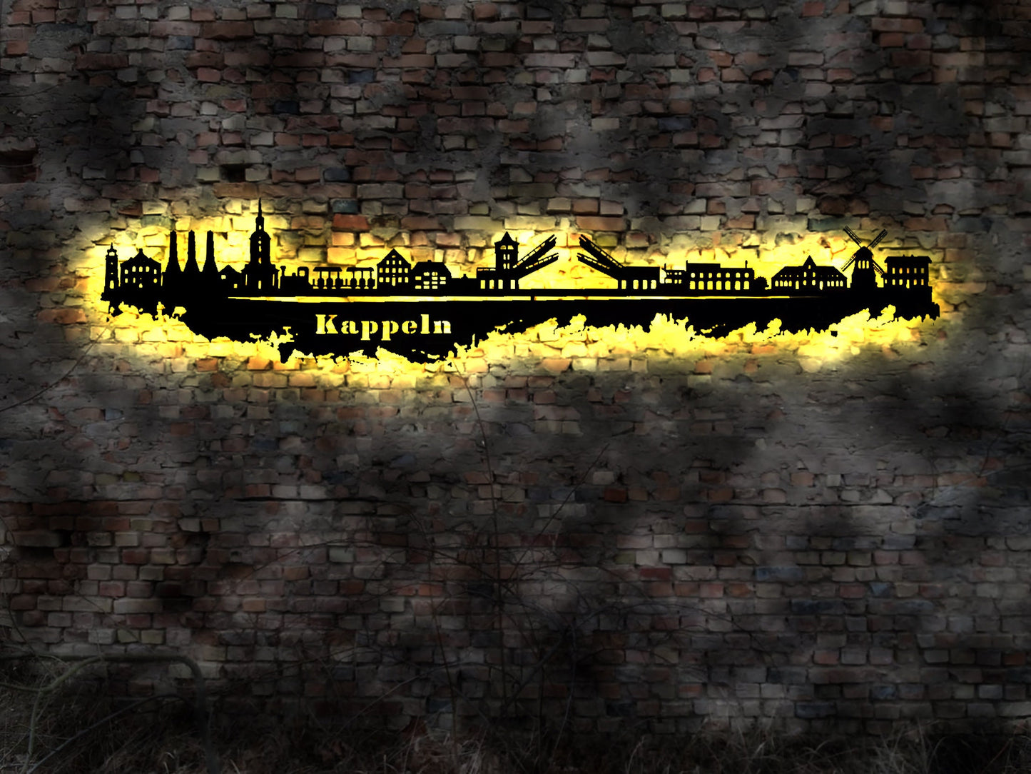 Skyline Kappeln  LED Wandbild Holz Stadt AK Karte Map Stadtplan Wandsticker Leuchtbild Neonreklame Wandtattoo Reiseführer Silhouette