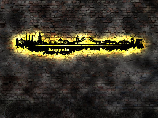 Skyline Kappeln  LED Wandbild Holz Stadt AK Karte Map Stadtplan Wandsticker Leuchtbild Neonreklame Wandtattoo Reiseführer Silhouette