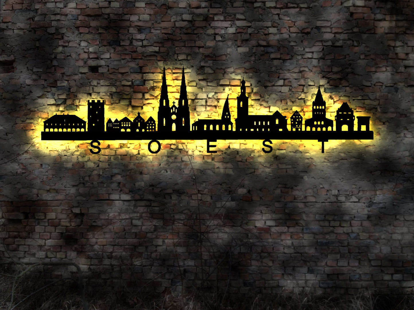 Skyline Soest  LED Wandbild Holz Stadt AK Karte Map Stadtplan Wandsticker Leuchtbild Neonreklame Wandtattoo Reiseführer Silhouette
