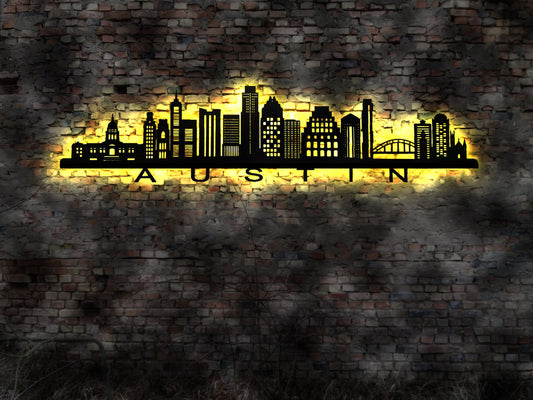 Skyline Austin  USA  LED Wandbild Holz Stadt AK Karte Map Stadtplan Wandsticker Leuchtbild Neonreklame Wandtattoo  Silhouette