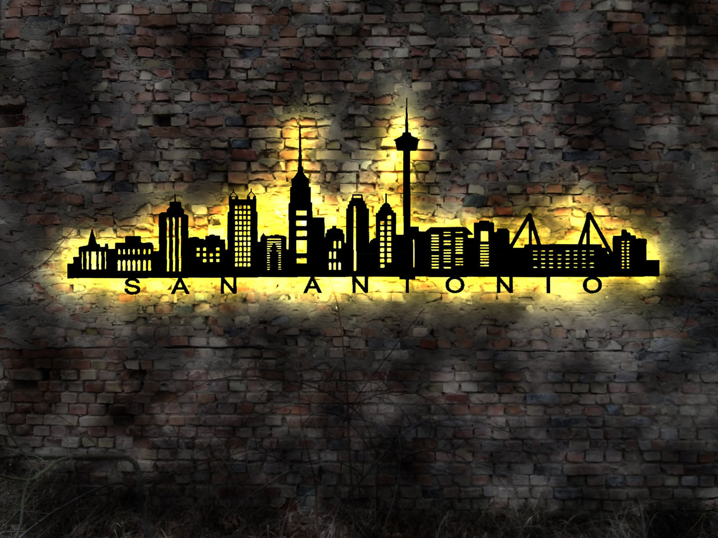 Skyline San Antonio Texas  USA  LED Wandbild   Holz Stadt AK Karte Map Stadtplan Wandsticker Leuchtbild Neonreklame Wandtattoo Silhouette