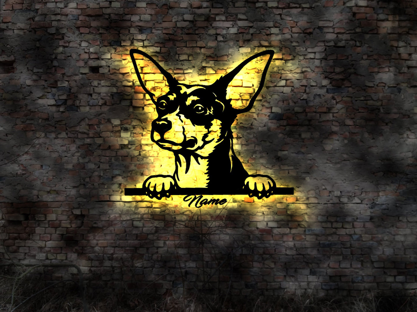 Toy Fox Terrier LED Wandbild aus Holz Welpen Welpe Buch Hund Dog Zucht Züchter Führleine Plüschtier Skulptur Spielzeug