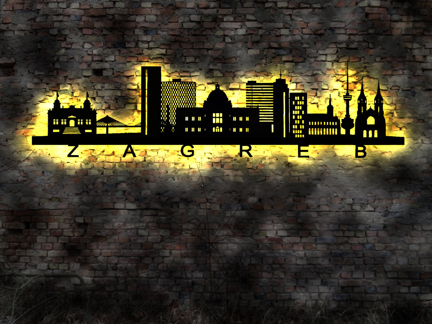 Skyline Zagreb Kroatien LED Wandbild Holz Stadt AK Karte Map Stadtplan Wandsticker Leuchtbild Neonreklame Wandtattoo Reiseführer Silhouette