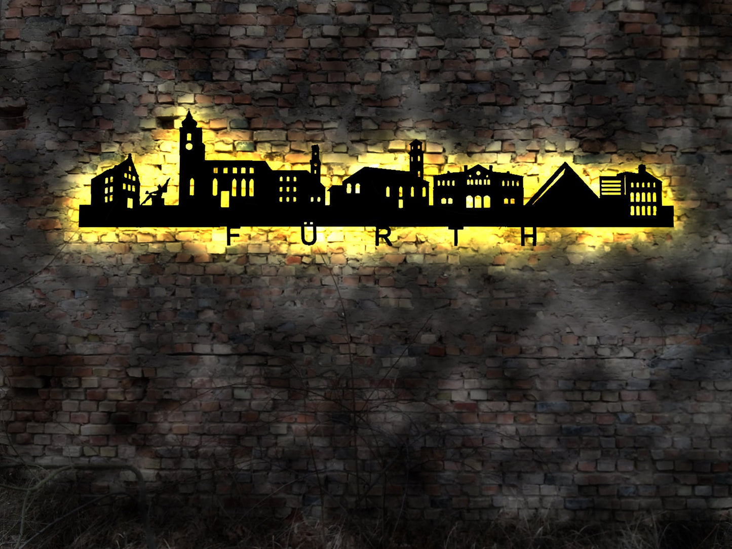 Skyline Fürth  LED Wandbild Holz Stadt AK Karte Map Stadtplan Wandsticker Leuchtbild Neonreklame Wandtattoo Reiseführer Silhouette