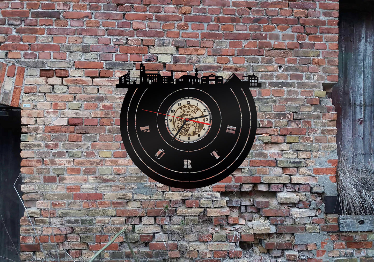 Stadt Fürth Wanduhr Uhr Holzuhr Uhren Ziffernblatt Clock Holz Armbanduhr Skyline Silhouette Aufkleber