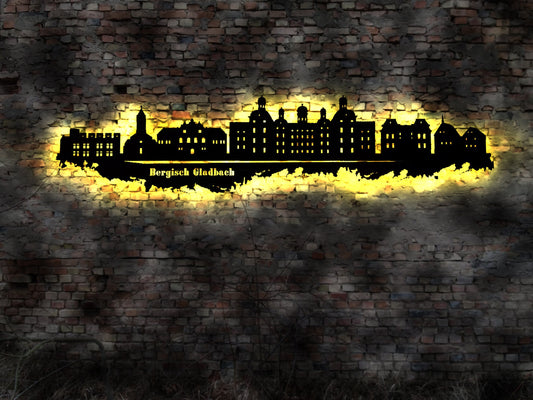 Skyline Bergisch Gladbach  LED Wandbild Holz Stadt AK Karte Map Stadtplan Wandsticker Leuchtbild Neonreklame Wandtattoo  Silhouette