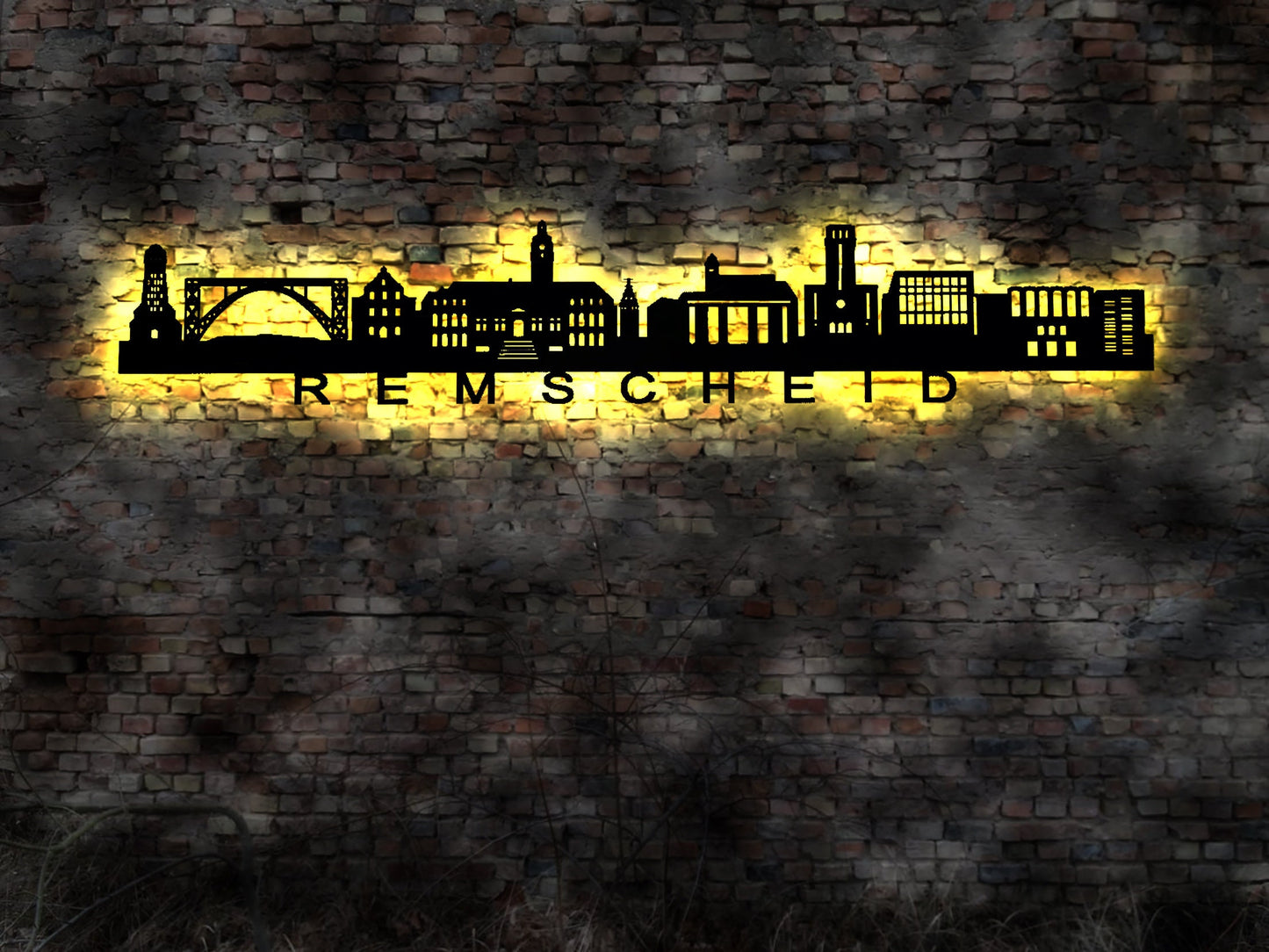 Skyline Remscheid  LED Wandbild Holz Stadt AK Karte Map Stadtplan Wandsticker Leuchtbild Neonreklame Wandtattoo Reiseführer Silhouette