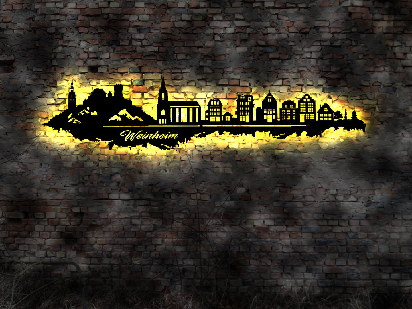 Skyline Weinheim Wandbild Holz Stadt AK Karte Map Stadtplan Wandsticker Leuchtbild Neonreklame Wandtattoo Reiseführer Silhouette