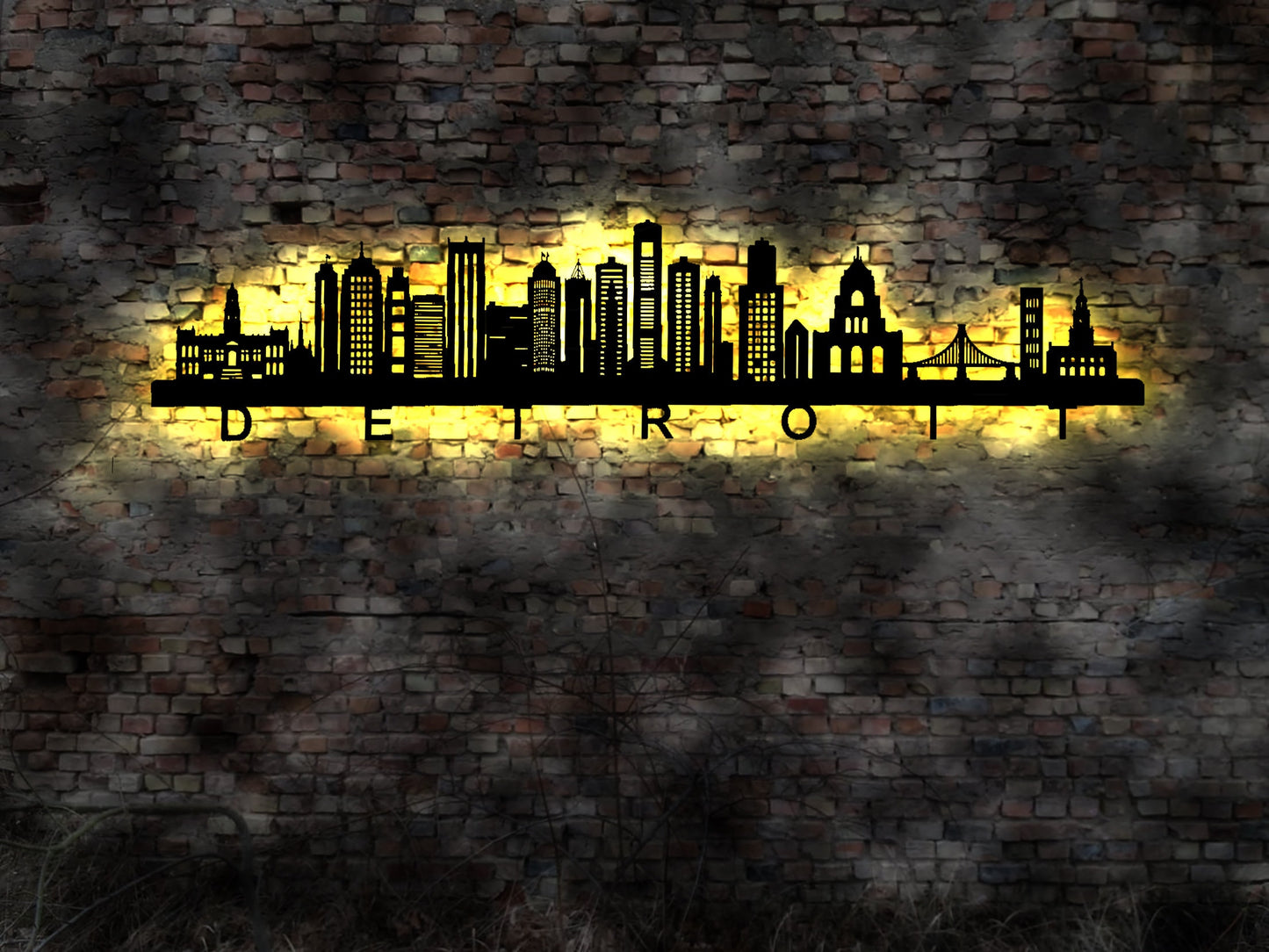 Skyline Detroit  USA  LED Wandbild   Holz Stadt AK Karte Map Stadtplan Wandsticker Leuchtbild Neonreklame Wandtattoo Reiseführer Silhouette